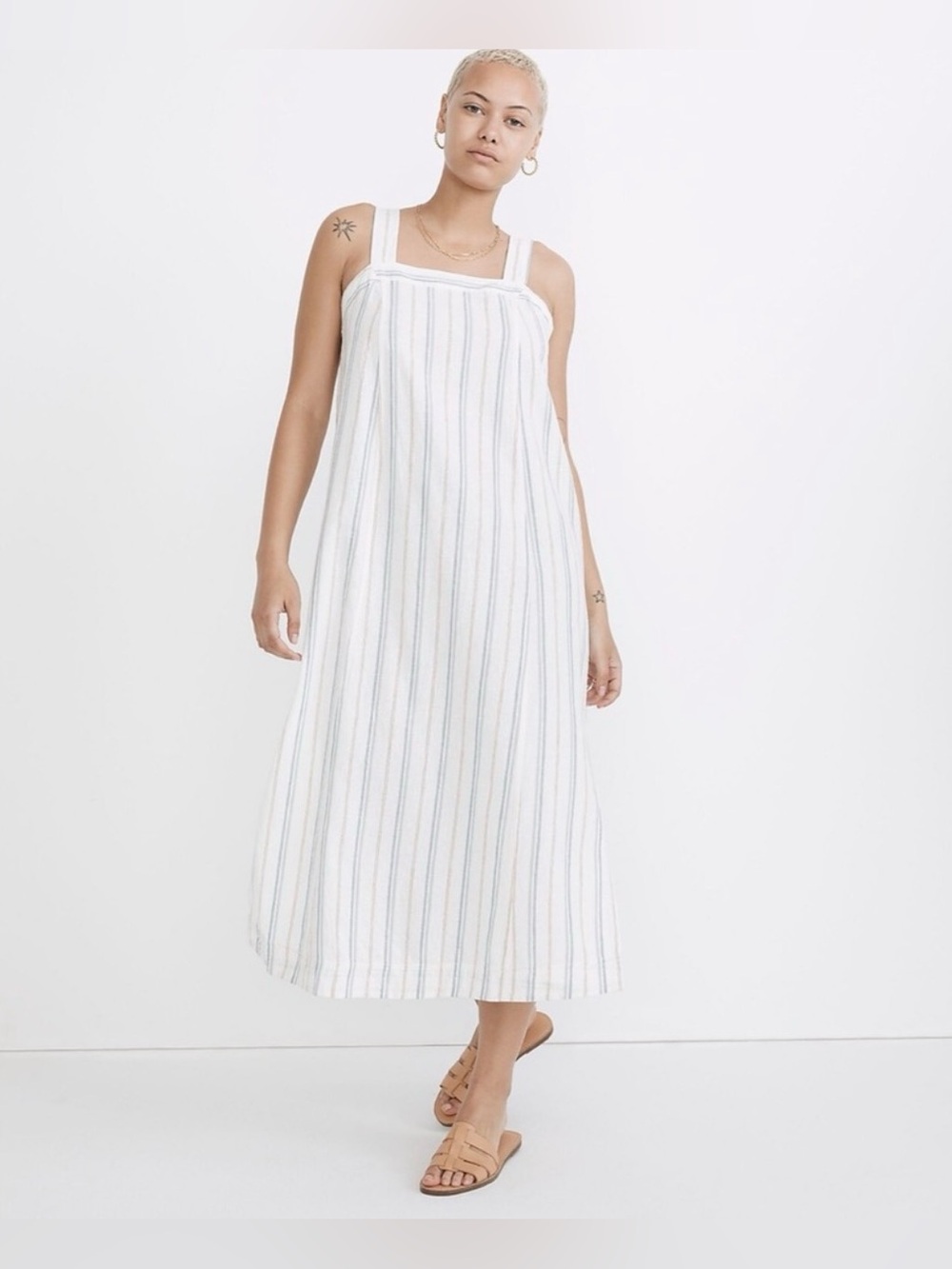 Madewell Linen-Cotton Princess-Seamed Midi Dress in Stripe - Size Small